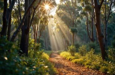 Obraz premium Sunlight streams through tall gum trees in Australian bush. Nature path winds through rich foliage. Sunlight creates magical effect on native plants, ground cover. Australian natural landscape.