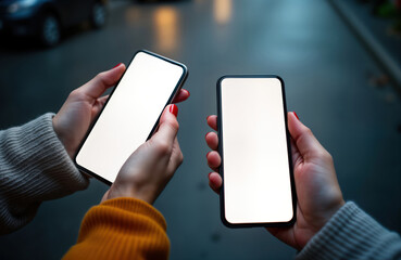 Two women hold smartphones outdoors with blank screens against city background. Probably using phones for communication social media. Setting suggests modern urban lifestyle. Tech image great for