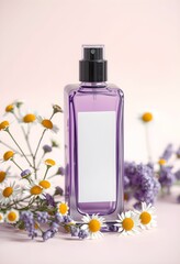 Elegant perfume bottle, lavender glass, silver cap, fresh lavender sprigs, white daisies