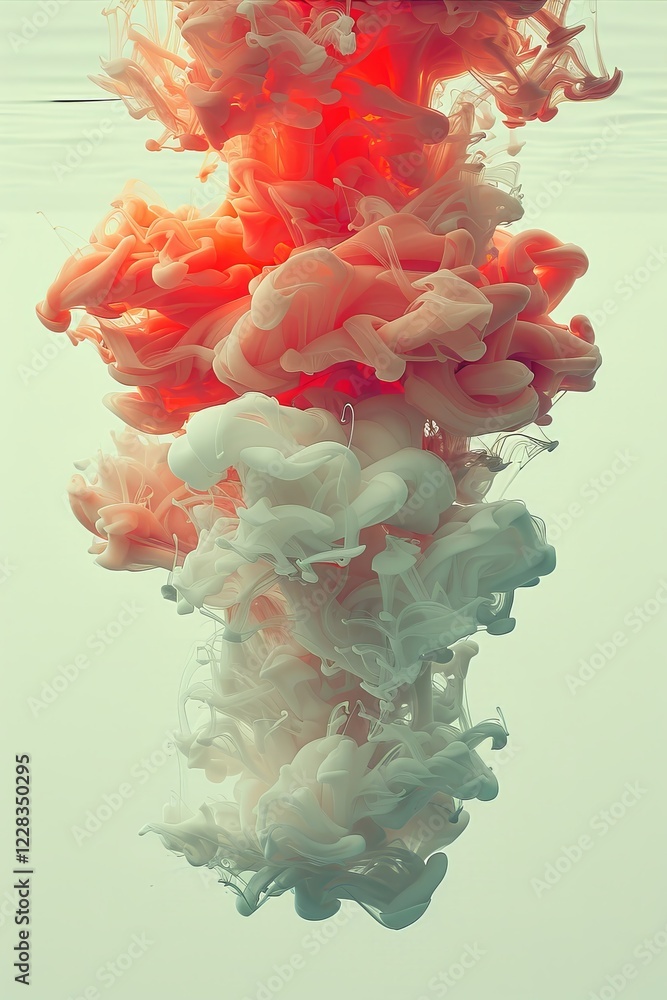 Poster vibrant swirls of orange and white ink blend together in clear water, creating intricate abstract pa