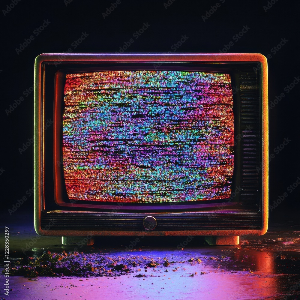 Poster retro television screen displays colorful glitch patterns and static noise with a dark background cr