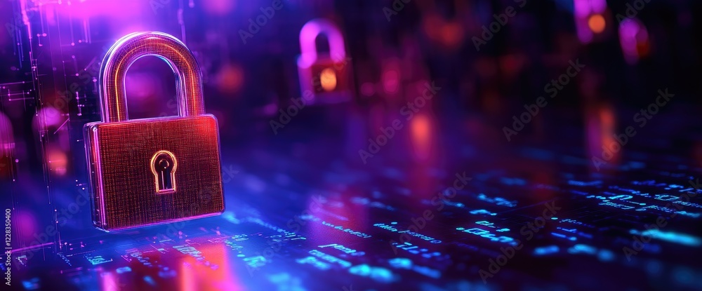 Poster cyber security lock on digital code. background glows. use website banner