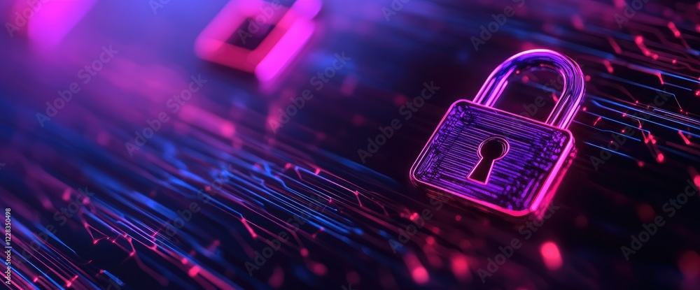 Poster cyber security padlock on digital network. background glowing lines. use website banner