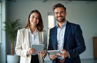 Two happy businesspeople stand in office. Using digital tablets. Look pro, focused. Likely discussing project conversation. Scene modern, suggests teamwork, communication in corporate setting.