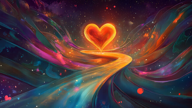 A shimmering heart, suspended in a world of iridescent light, floats above a luminous path of shimmering ribbons. Shimmering Path. Illustration
