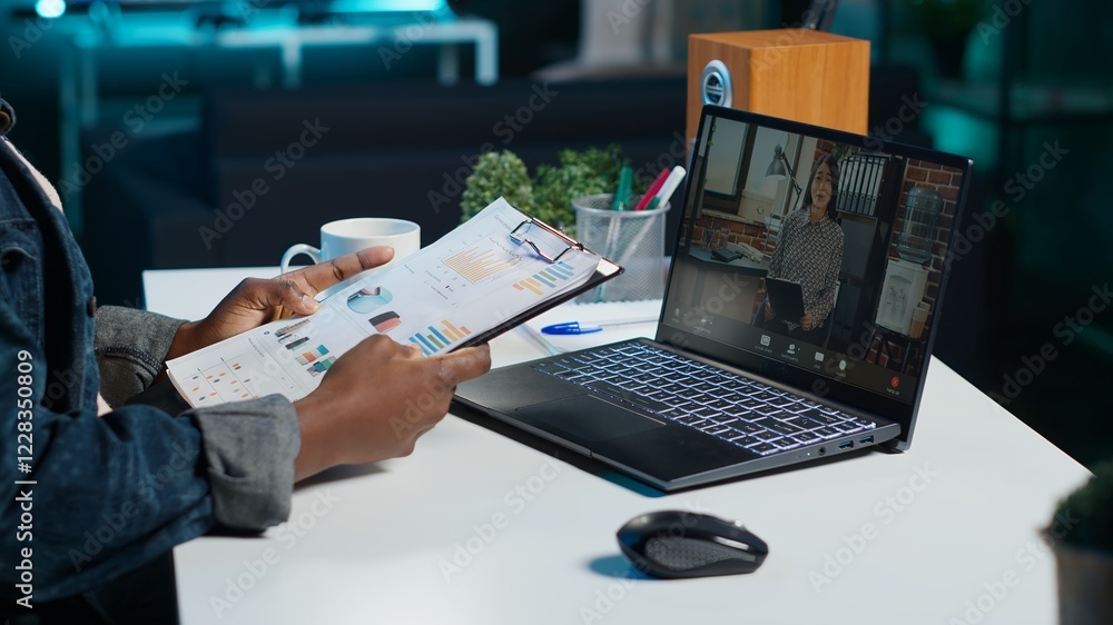 Aufkleber employee working from home doing business meeting videocall with manager requesting to see financial