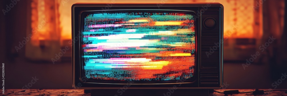 Fototapete Retro television screen displaying vibrant static noise and colorful glitch patterns in a cozy room with warm lighting. Generative AI