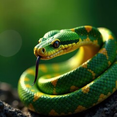 Fototapeta premium A vibrant green snake coils around a rock, displaying its striking yellow patterns. The sunlight filters through the trees, enhancing the snake's texture and colors in a forest environment.