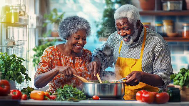 Joyful elderly african american couple cooking together in a bright kitchen filled with fresh vegetables and aromatic herbs
