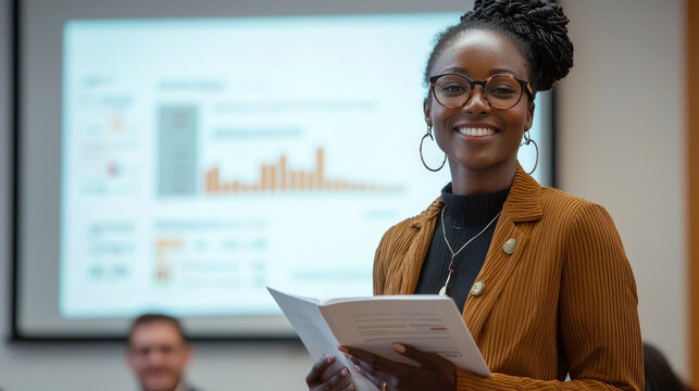 Confident african woman presenting business report with charts during meeting in professional setting