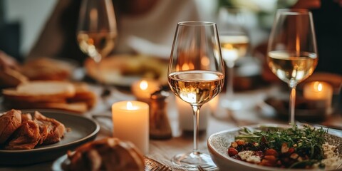 Fototapeta premium Glass of red wine with rose petals and lit candles on a table. Ideal for romantic dinner promotions or storytelling concepts.