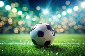 Fototapeta premium Soccer Ball on Center Line - Blurred Background Bokeh Effect