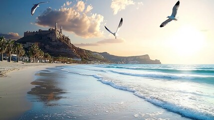 Obraz premium Serene beach scene at sunset with seagulls flying over gentle waves and a castle in the background