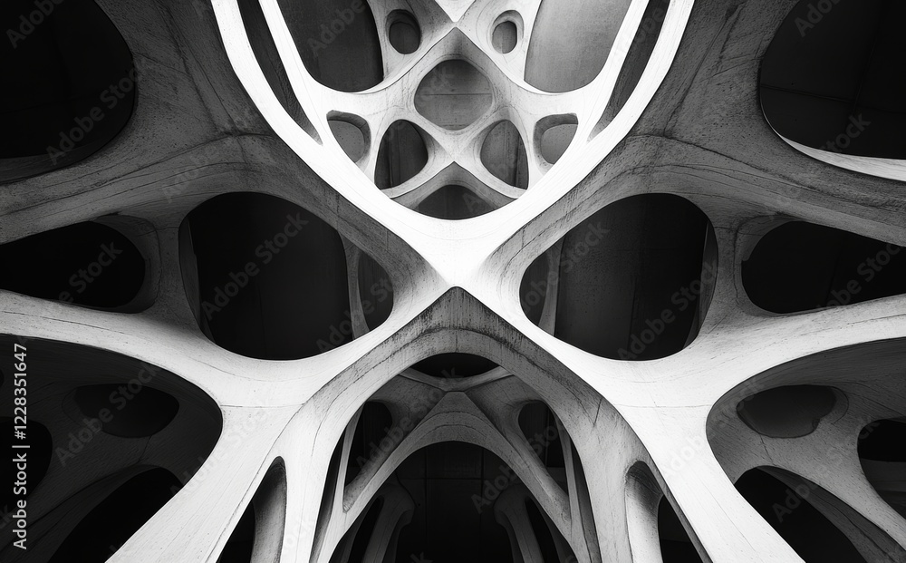 Poster 3d rendering steel architecture design with an abstract metal structure, presented as a black and wh
