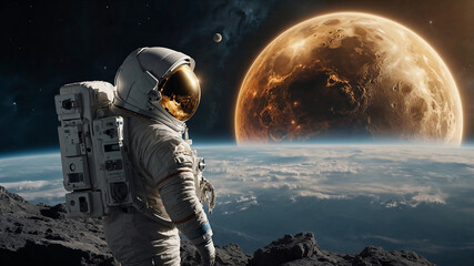 Fototapeta premium Astronaut exploring an extraterrestrial landscape