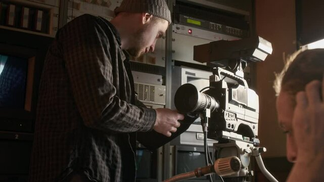 Medium shot of young Caucasian male operator in checked shirt setting up video camera and checking connection to broadcast news piece in cramped TV van, female journalist rehearsing, reading script