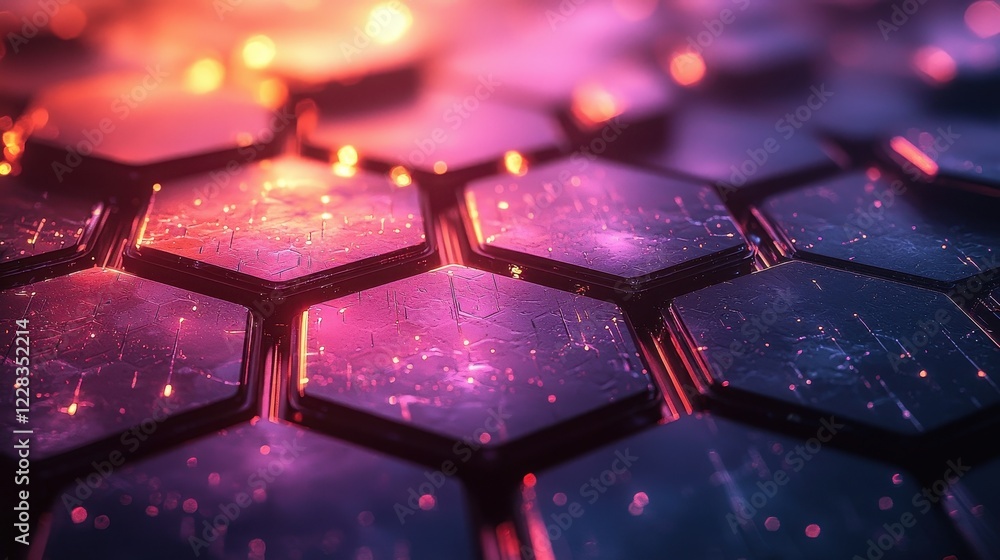 Poster a close-up view of glowing hexagonal tiles with a futuristic design.