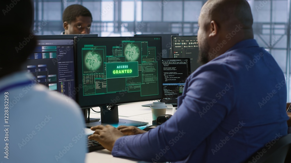 Poster surprised data center technician celebrating after successfully managing to install cybersecurity fr
