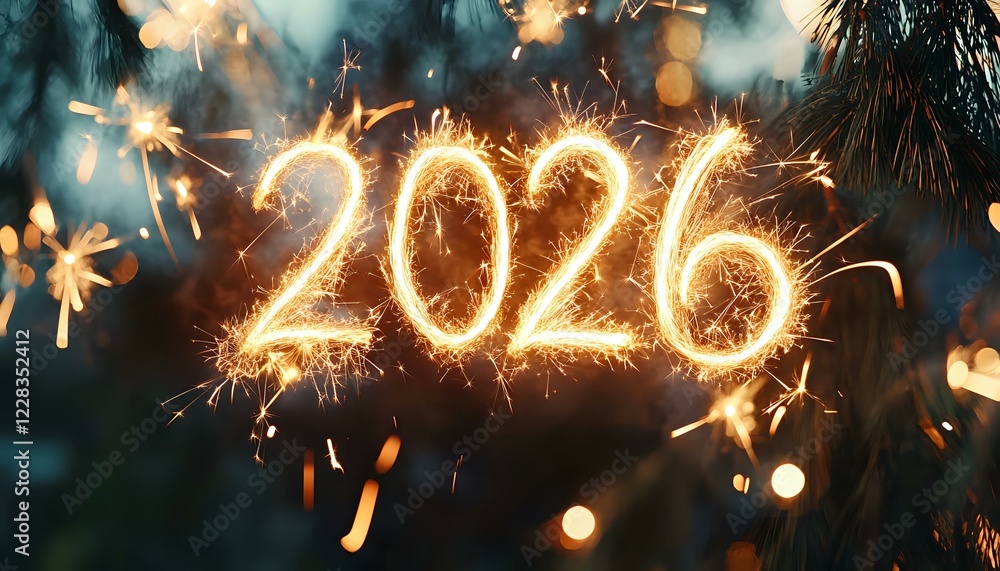 Poster glowing sparkler numbers 2026 against dark background with bokeh lights and sparks creating festive 