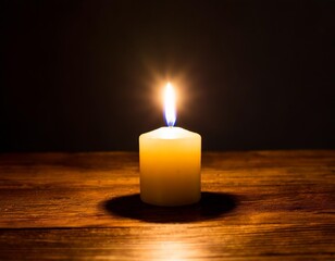 A single lit candle on a dark wooden table, symbolizing hope and solitude in a minimalist setting.