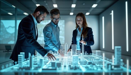 Urban planners collaborate in futuristic city model room. Interact with holographic AI assistant, analyzing detailed 3D model of city. Holographic grid provides real-time planning suggestions,