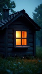Softly lit window in a small wooden cottage at twilight, wooden, glow,