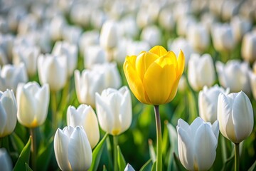 Solitary Yellow Tulip Amongst White, Shallow Depth of Field, Spring Bloom