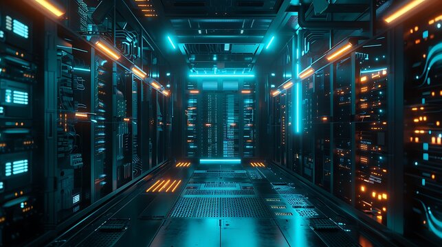 A high-tech AI server room with glowing servers and cooling systems.