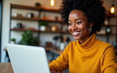 Fototapeta premium Joyful Woman Engaged in Work on Laptop in Cozy, Modern Workspace with Indoor Plants and Warm Lighting