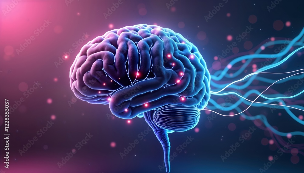 Aufkleber 3D brain illustration. Neon lines illuminate neural network connections. Dynamic, futuristic design. Abstract representation of intelligence, thinking. Sci-fi concept. Illustrative anatomy biology.