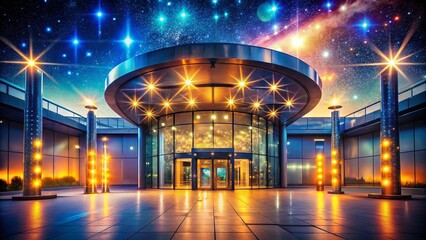 Obraz premium Space Center Entrance at Night with Bokeh Lights