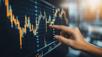 A financial advisor's hand points intently at charts on a holographic screen, surrounded by glowing financial data streams in neon blue and orange, set in a modern office setting, 3D rendition