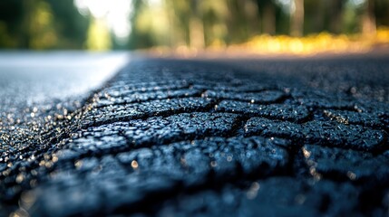 Cracked asphalt road edge, forest background, sunset light, road repair concept