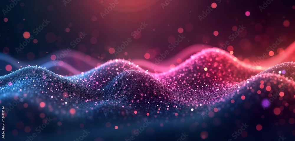 Aufkleber Abstract digital particles form wavy hills. Colorful shimmering dots create flowing patterns. Bokeh effects, soft light highlight dynamic shapes. Energy, motion represented in design. Perfect for