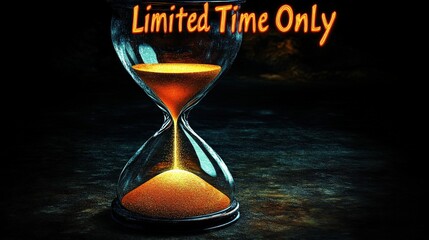 "Limited Time Only Hourglass with Flowing Sand on Dark Background, Symbolizing Urgency and Countdown, Perfect for Time-Limited Offers and Promotions, Eye-Catching Design"