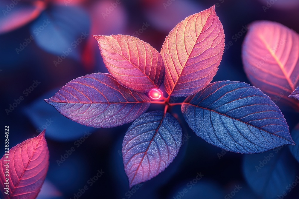 Poster leaves with a small light in the center; blurred background. possible web element or background