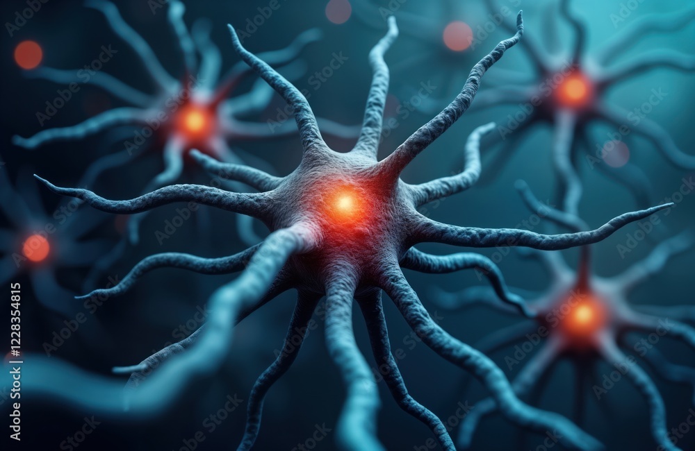 Poster illustration shows neuron cells in neural network under microscope. neuron cells connect, transfer s