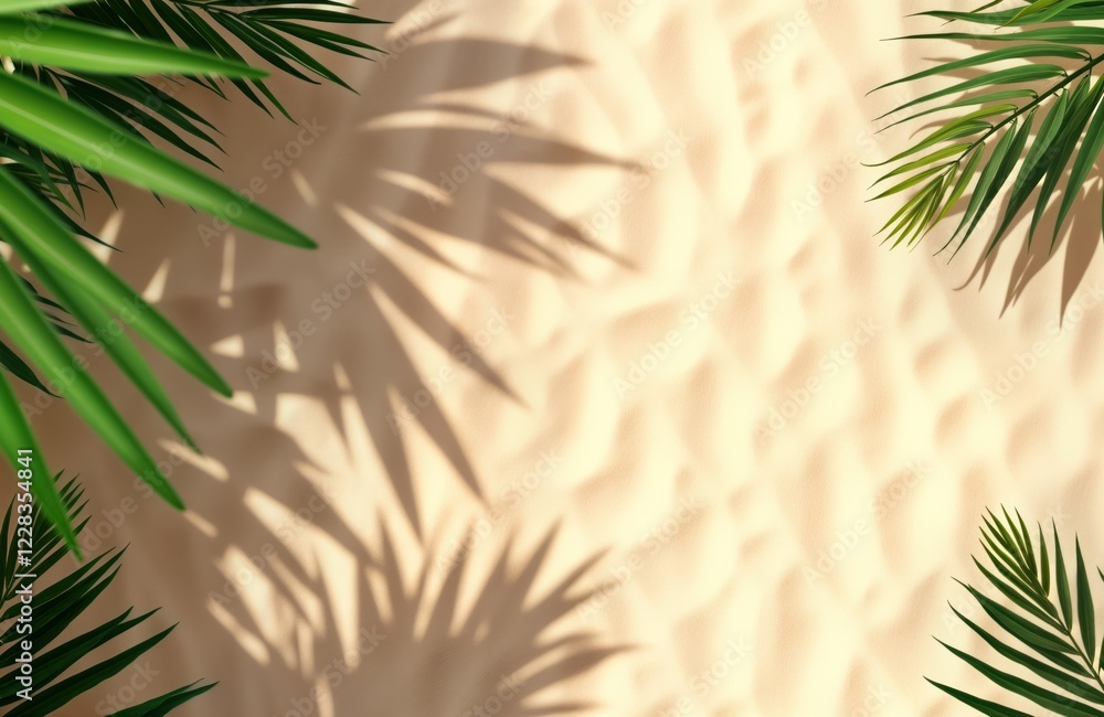 Poster top view of sand with palm leaf shadows. natural light creates patterns on a light beige surface. tr