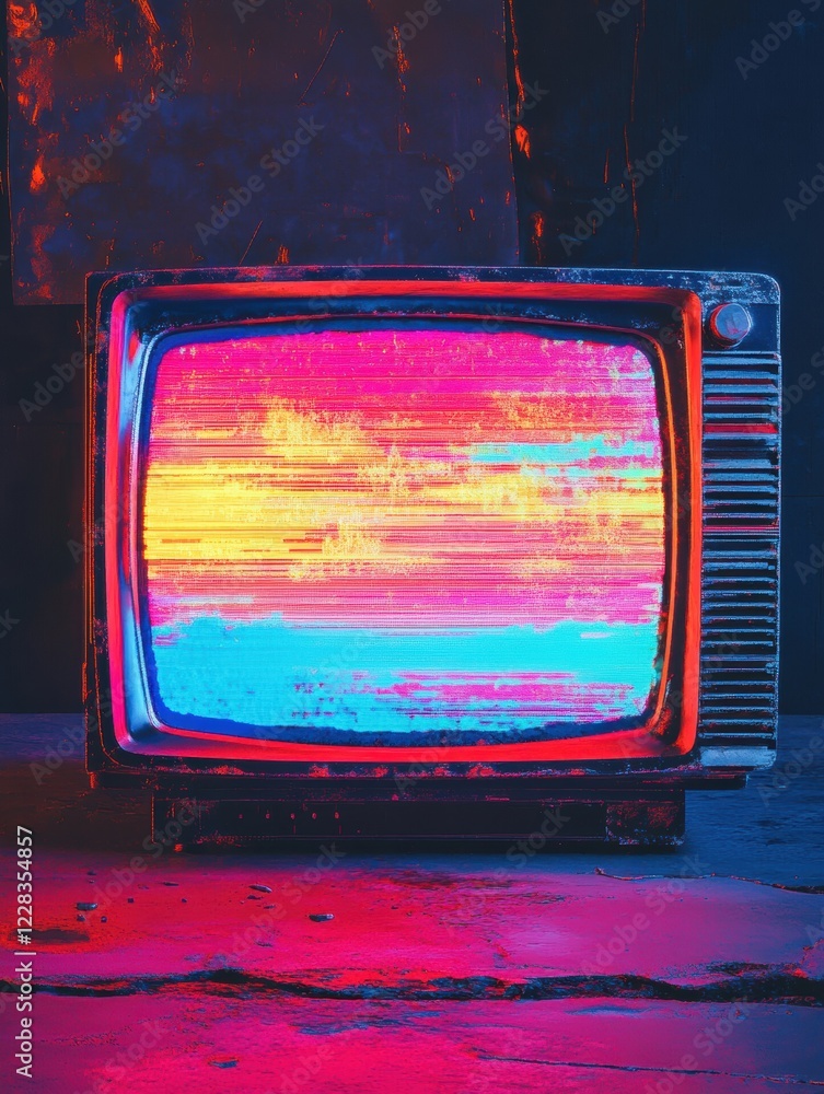 Poster retro television screen displays colorful glitch patterns and static noise in an artistic setup. gen