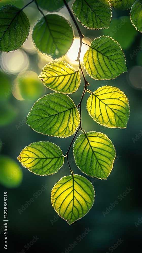 Poster light shining through green leaves on a branch with a bokeh background, for design