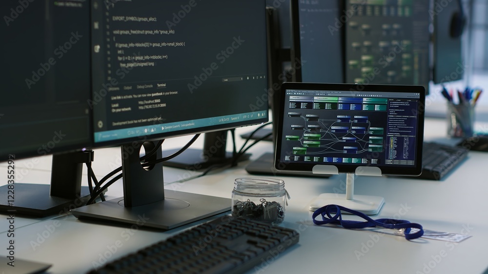 Poster computers and tablet in server room used for developing disaster recovery plans ensuring minimal dow