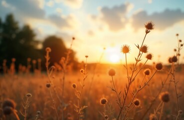 Warm sunset time over dry wildflower meadow. Golden hour light shines on dry plants. Tranquil nature scene in rural area. Beautiful autumn or summer landscape. Calm and peaceful atmosphere.