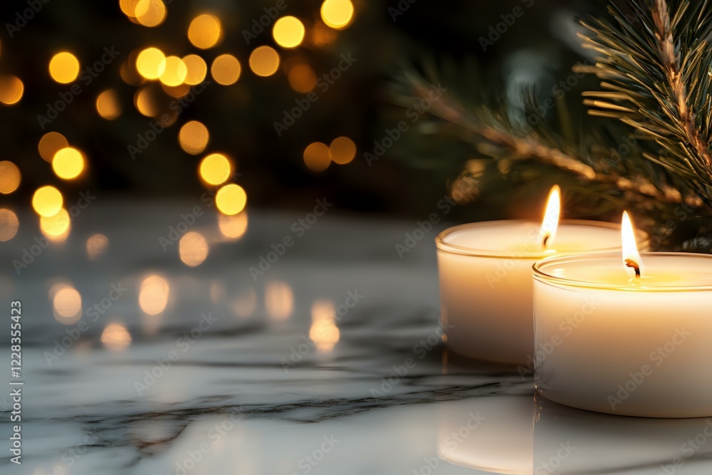 Poster glowing white candles on marble surface with pine branch and soft bokeh lights creating cozy winter 