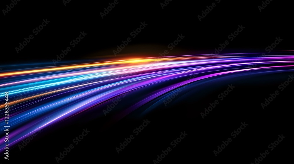 Poster colorful light trails curve across dark background creating dynamic motion effect with vibrant purpl
