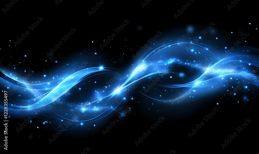 Poster glowing blue wave of light and energy flowing through dark space with sparkles and particles, creati
