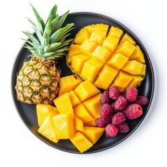 A vibrant tropical fruit platter with pineapple and mango slices, isolated white background, surreal art style