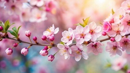 Spring Blossom Branch with Blank Copy Space: Pastel Pink & White Flowers, Perfect for Spring Greetings