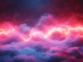 Lightning above pink clouds with a star-filled night sky used as a background