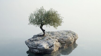 Fototapeta premium Tree standing alone in the fog, embodying mysticism and the unknown, merging nature with spirituality, undergoing transition and transformation, fading into oblivion. Illustration