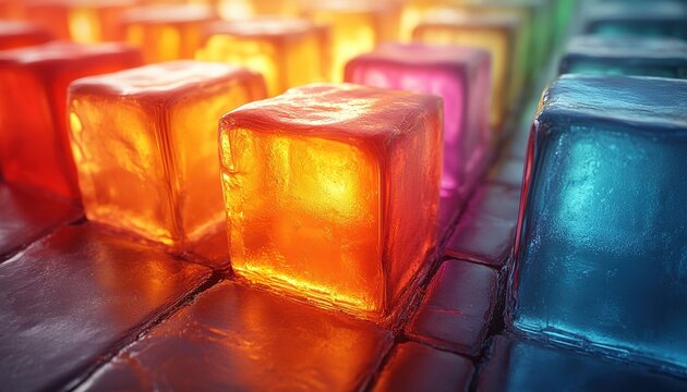 Lined array of colorful cubes on surface for abstract background image